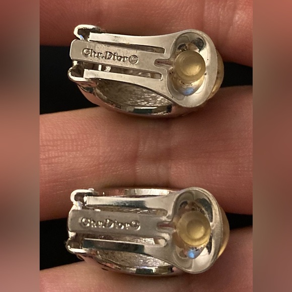 CHRISTIAN DIOR Vintage Silver Crystal Huggie Hoop Clip-On Earrings - Picture 9 of 9